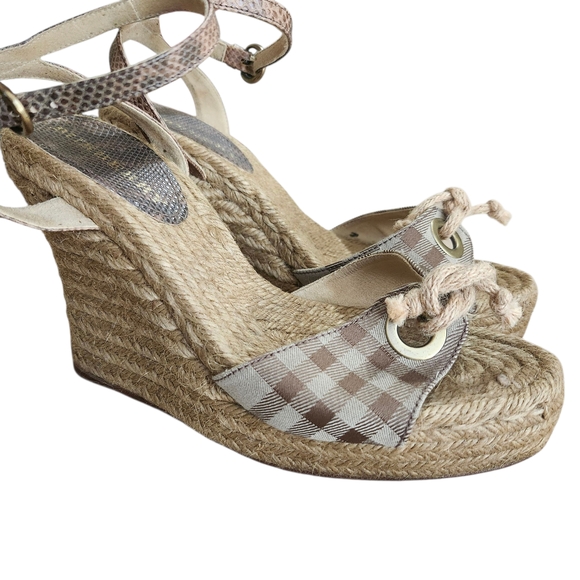 Burberry Wedge Sandals Sz 9 Espradille Jute Rope Tie Details Signature Gingham - Picture 1 of 9